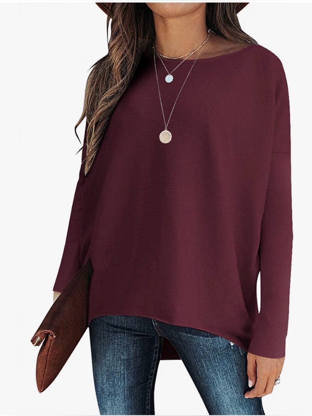 Oversized Casual Boat Neck, Batwing Sleeve Asymmetric Hem Knit Slouch sweater